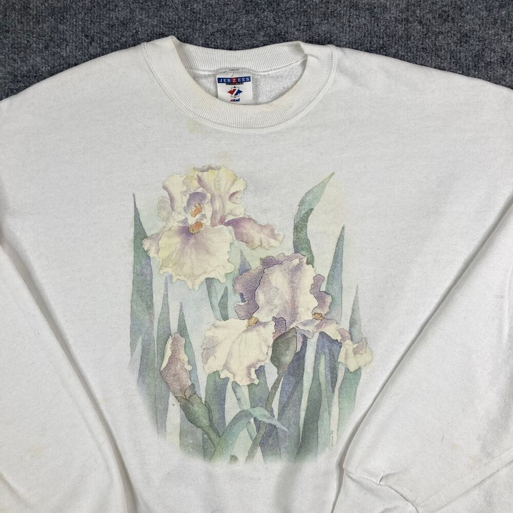 Jerzees Sweatshirt Womens XS Cream Floral‎ Graphic Crewneck Vintage